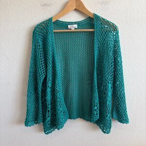 PORSESA Vintage 90s Teal Open Knit Crochet Cardigan Sweater Womens Medium Hippie